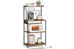 VASAGLE Scaffale da Cucina con Presa Elettrica, Bar Caffè a 4 Ripiani con Uno Regolabile, Supporto per Microonde, Porta Carta da Cucina, 40 x 60 x 140 cm, Marrone Vintage e Nero Inchiostro KKS014K02