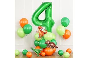 DAGELAR Dinosaur Balloons 4th Birthday Decorations for Boy, Dinosaur Birthday Party Decorations with Foil Mylar Dark Green 4, Green Orange Balloons with Mini Dinosaurs Balloon for Kid Dino Themed Baby Shower