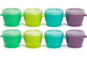 MELII set de 8 botes de plástico para potitos bebe, juego de 8 recipientes de comida para bebe, herméticos, apilables, aptos para congelador, microondas y lavavajillas, Capacidad: 118 ml