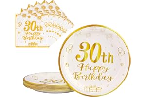 AHPYEUHK 30 Anni Compleanno Piatti Carta 25 PCS & Tovaglioli 25 PCS Oro Bianco 9 Pollice Stoviglie Festa Piatti di Carta Compleanno Decorazione Regalo di Festa per Uomo Donna