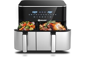 WELLENT Friggitrice ad Aria 11L con Doppio Cestello (4+7L), Air Fryer XXL 2600W, Doppia Resistenza, 10 Programmi, Cottura Indipendente & Sync, Risultati Croccanti con Poco Olio, Touchscreen Digitale