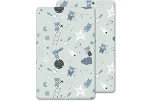 HAJRAN LINEN 2 x Next to Me Compatible Crib Fitted Sheets (85 x 51 cm) - 100% Cotton, Soft & Comfy, Antiallergic & Breathable (Grey Teddy & Moon, 85 x 51 cm)