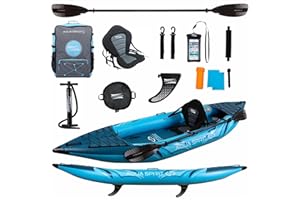 Aqua Spirit Aufblasbares Kajak-Board 2023 | 3 m 5 Zoll | 1 oder 2 Personen komplettes Kajak-Set mit Paddel, Rucksack, Doppelhubpumpe und mehr Zubehör | Erwachsene Anfänger / Experten | 2 Jahre Garantie