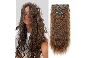 Gairyan Extension Capelli Clip Ricci Lunghi 6PCS 50cm Extension Clip Capelli Sintetici Ondulati Posticci per Capelli Finti Estensioni con Clip Mossi per Donna, Marrone Scuro & Castano Dorato