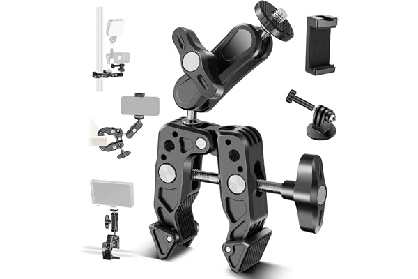Adofys Newest Action Camera Mount,Super Clamp Mount with 1/4''&3/8'' Scew for LED Light,Microphone,360° Double Ballhead Magic Arm with Mobile Holder and Adapter for Gopro Hero DJI DSLR Camera