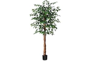 SOGUYI 150cm Artificial Ficus Tree with Natural Wood Trunk, Silk Fake Ficus Tree in Plastic Nursery Pot, Faux Plant for Office Home, Indoor Outdoor Decor, 1 Pack