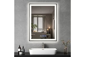 ‎YOURLITE YOURLITE Badspiegel mit Beleuchtung 60x80cm, LED Spiegel Bad mit Uhr, 3 Lichtfarben Dimmbar, Badezimmerspiegel mit Touchschalter, Beschlagfrei, IP44, Silber