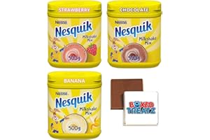 Nesquik Strawberry Chocolate And Banana Flavour Bundle Enjoy These Classic Flavours With Your Milk Milkshake 500g x 3 Flavours Chocolate, Strawberry And Banana Boxed Treatz