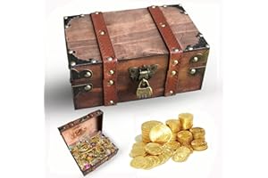 fuzhik Vintage Wooden Treasure Box with Lock Pirate Treasure Chest, Antique Jewellery Storage Lockable 21x13.5x9 cm - Handmade Rustic Keepsake Box for Women, Gifts for Boys and Girls Gift Toys
