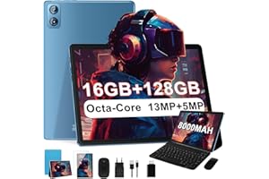 Dghrti 2025 Tablet 10 Pollici Android 16GB RAM+128GB ROM(1TB TF) UFS Ad Alta Velocità, 8-Core 2.0GHz, WiFi 5G,BT 5.0, GPS, 13+5MP, Batteria 8000mAh, con Custodia, Blue