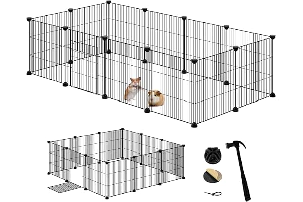 EUGAD Enclos Lapin avec Porte, Modulable Enclos Lapin Intérieur, DIY Parc pour Petits Animaux, Clapier Métallique, Clôture Réglable, Lot de 12 Panneaux Grillagés pour Lapins Cavia 142x72x36CM Noir