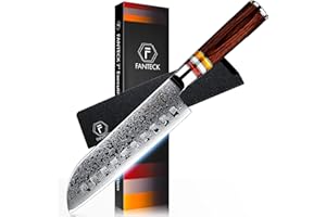 F FANTECK Couteau de Santoku Damas 18cm, FANTECK Couteau de Cuisine pour Viande, Sushi, Poisson et Légumes, Couteau Santoku en Japonais VG-10 67 Couche Damas Acier Couteau de Chef avec Poignée Ergonomique
