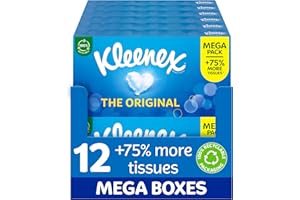 Kleenex® Original Tissues, Mega Pack – 1,344 Sheets (12 Boxes x 112 Sheets) - Always Soft & Strong for Everyday Use - Now 75% More Tissues in a Box