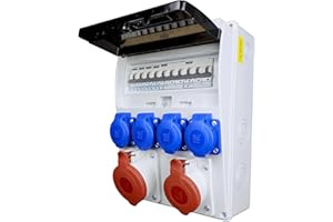 RoadEu - Distribuidor de corriente 16A 5P y 32A 5P, con 4 tomas Schuko de 230V y magnetotérmicos. Distribuidor de obra con protección IP44. Cuadro Eléctrico Ideal para talleres, cobertizos o jardines.