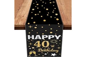‎XINVERY 40th Birthday Table Runner, Black Gold Table Decoration 40th Birthday Happy Birthday Table Runner Tablecloth for 40th Birthday Party Decoration 180 x 35 cm