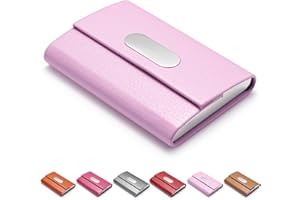 FACATH Business Card Holder for Women, PU Leather & Stainless Steel Business Name Card Holder Wallet Credit Card Metal Pocket Business Card Carrier with Magnetic Shut - Pink