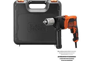 BLACK+DECKER Taladro percutor de 1 marcha 850W, velocidad variable, bloqueo del eje, compacto y ligero, incluye 6 brocas y caja de herramientas, BEH850K-QS