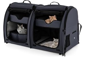 COSTWAY Cat Carrier Bag, 2 Compartments Pet Travel Carriers with Removable Hammocks and Mats, Duble-side Pad, Litter Box, Portable Dog Crate for Cats Puppy Kitten (Black)