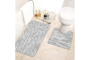 ORTIGIA Bath Mat Sets 2 Piece Non-Slip Super Absorbent Bathroom Mats Soft Bath Mats Machine Washable Rubber Backed Bath Rug Toilet Mat for Bathroom Laundry Shower Bedroom Grey 44x80cm + 44x50cm