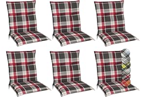 ‎BEAUTISSU Beautissu Set of 6 Sunny RK Low-Backed Chair Cushions for Garden Chairs 100 x 50 cm Cushion in Bordeaux Checked Comfortable Garden Chair Cushion Cushion with UV Light Resistant