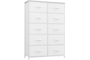 Somdot Tall Chest of Drawers for Bedroom with 10 Drawers, Wide Storage Organiser Fabric Dresser for Closet Bedside Nursery Living Room Entryway Hallway, White Leather