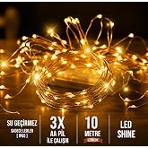 Dekonivia Peri Led 10 Metre G&uuml;n Işığı Sarı 3 Fonksiyonlu Pilli Dekoratif Aydınlatma S&uuml;sleme Parti Led Işık Yılbaşı S&uuml;sleme De