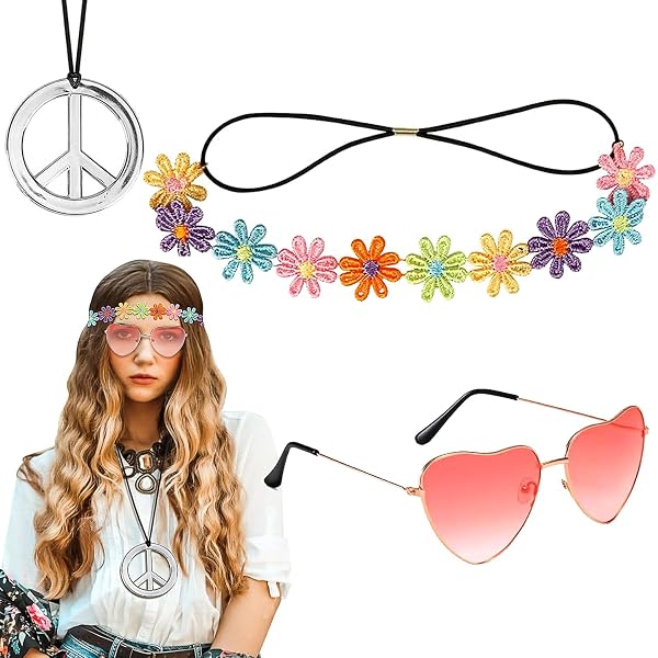 WiDream 3 Pezzi Accessori Hippie da Donna, Accessori Bohemia Set Costume, Hippie Costume Set Retrò, Occhiali da Festa Hippie, Cerchietto Con Girasole, Collana Con Segno di Pace Per Festa Anni '60 '70
