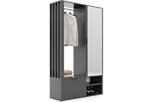 GREKPOL 100x33x190 cm (Rechts/Links) Garderobe Set mit Spiegel - Flurgarderobe Set Graphit - Garderobenschrank Flur mit Sieben Regalböden und Kleiderhaken
