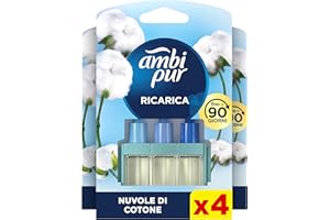 FEBREZE Ambi Pur 3Volution Profumatore per Ambienti, 4 Ricariche per Diffusore Elettrico, Fragranza Cotone, tecnologia Elimina Odori