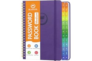 BLUGOOL Carnet de mots de passe avec onglets alphabétiques, carnet de mots de passe pour personnes âgées, onglets individuels et colorés, carnet de mots de passe à couverture rigide à spirale pour connexion à