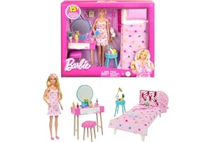 Barbie Schlafzimmer-Spielset - Puppe, Bett, Schminktisch, Kätzchen und 20 Zubehörteile kreatives Spielen, inklusive flauschigem Bademantel und Hausschuhen, für Kinder ab 3 Jahren, HPT55