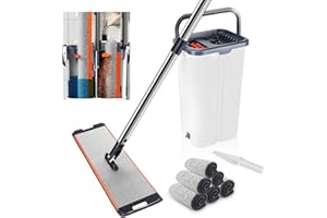 SPRIFITYY Juego de fregona con Cubo,con 6 Almohadillas de Microfibra y un Mango extendido de 155 cm,Separa la Suciedad del Agua Limpia y Cuenta Función de escurrido,Ideal para Todo Tipo de Suelos,Color Blanco