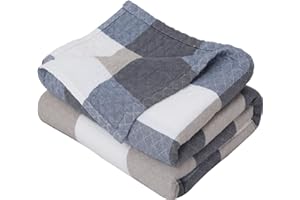 LHGOGO 100% bawełniany koc muślinowy, 3-warstwowy, lekki, oddychający i miękki koc na sofy, łóżko i kanapę, żakardowy tkany koc ze wzorem w kratę - 200 x 230 cm, niebieski