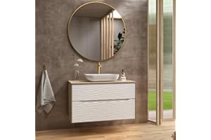 B BAÑO TOTAL Mueble de Baño Suspendido con Tapa y Lavabo de Sobreponer Sahara | Mueble Baño Volado de 2 cajones con Uñero Cierre Amortiguado Organizador y Lavabo sobre Encimera | Roble Natural - Blanco 80cm