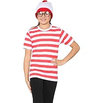 Kinder Kostüm Set Buchwoche | Rot-weiß Gestreiftes T-Shirt + Hut + Brille | Für Jungen & Mädchen 5–13 Jahre | Für Halloween, Mottopartys