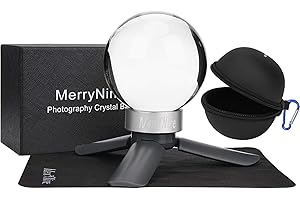 MerryNine K9 Kristall-Fotokugel, K9 Objektiv-Kristallkugel mit Mini-Stativ, Universal-Kamera-Schnittstelle, runde Metallbasis und Tasche, für Fotounterricht, Lichtspektrum, Physik, Kunst-Dekor (70 mm)
