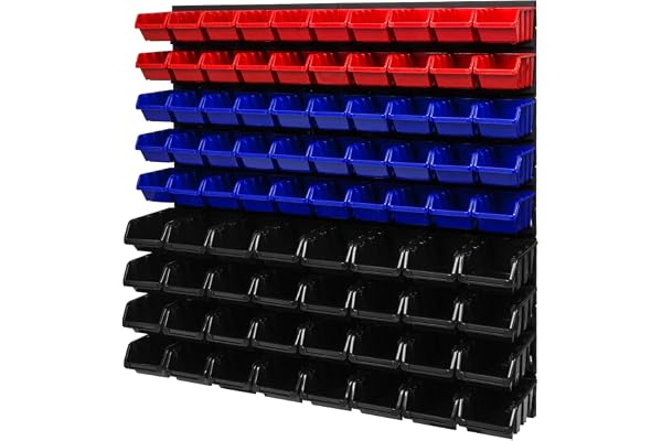 Lot de 82 étagères murales empilables 772 x 780 mm – Système de stockage – Boîtes de rangement – Panneaux muraux (rouge/bleu/noir)
