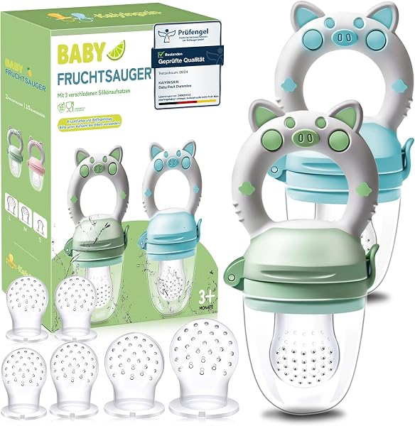 Fruchtsauger Baby, 2 Stück Obstschnuller für Babys ab 3 Monate, 2023 Upgrade Version, Schnuller Zum Befüllen, Breisauger, Obst Schnuller Baby, BPA frei, 8 Silikon Sauger in 3 Größen - 1