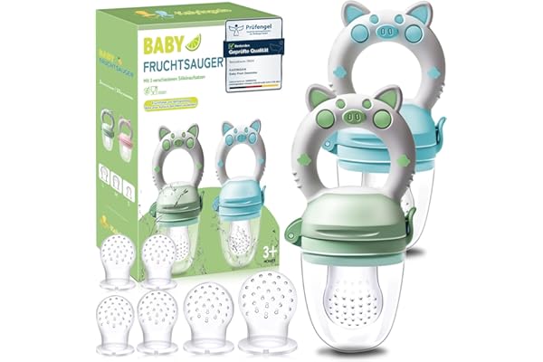 Grignoteuse Bébé Tetine Bebe - 2 Fruit Grignoteuses + 8 Tailles de Tétines Sans BPA, Tetine Grignoteuse Bebe Diversification Alimentaire Bébé pour Enfants de 3 à 24, Vert+Bleu