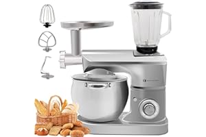 KRAFTLINE Imperial 3 in 1 Küchenmaschine: 2200W Leistungsstarker Aluminium Mixer, 6 Gänge, 8.5L Füllmenge, Spülfest, Ideal für Brot und Pizzateig, Edelstahl Design mit Multifunktionszubehör (Grau)
