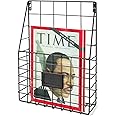 Flexzion Wall Mounted Magazine File Rack Organizer for Mail Entryway Kitchen Office Bathroom Home Basket Bin Decor Metal Wire Shelves Storage for A4 Documents Tablest DMs Comic Books Recipes, Black