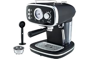 Cooks Professional 15-Bar Retro Espresso Coffee Machine with Frothing Steam Wand, Built-In Temperature Gauge, 1.2L Water Tank & Stainless Steel Drip Tray | Black