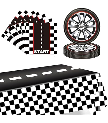 Black And White Checkered Racing Car Tableware Set, Race Car Plates Napkins Racetrack Tablecloth For Kids Race Car Themed Birthday Party Serves 20