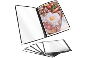 QWORK® 5 Pack Black A4 Menu Covers, 2 Fold Double View, for Restaurants, Hotels, Bars, Highly Transparent PVC Material, Metal Edge