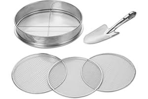 johgee Tamiz de jardín 3 en 1 fabricado en acero inoxidable, tamiz resistente a la intemperie, con 3 insertos de tamiz intercambiables Ø 3.6.9mm + pala de mano de 26 cm de largo para tierra