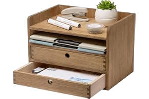 KIRIGEN pudełko do przechowywania z litego drewna, płaska taca, materiały biurowe, organizer na biurko, duża pojemność, drewniany organizer biurowy 3D2C żółto-brązowy