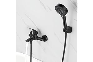 Auralum Badewannenarmatur Schwarz mit Handbrause, Badewannenarmaturen mit Brause 5 Funktionen und 1,5 m Schwarzer Edelstahlschlauch, Wannenarmatur mit Brause für Bad