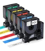 6 Rubans Dymo D1 9mm X 7m Noir Sur Transparent/Blanc/Jaune/Rouge/Vert/Bleu - Lot Compatible