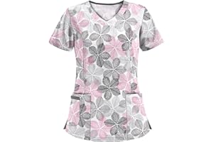 STPT Schlupfhemd Bluse Kurzarm V-Neck Kasack Damen Pflege mit Karikatur Motiv und Taschen Uniform Berufsbekleidung Krankenschwester Kleidung Schlupfkasack Uniformen