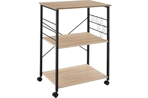 tectake® Serveringsvagn med hjul och 3 hyllplan, köksvagn i industriell design med krokar och parkeringsbroms, mobil rullvagn för kök, matsal, servering och förvaring i trälook och stål - Ljus Ek